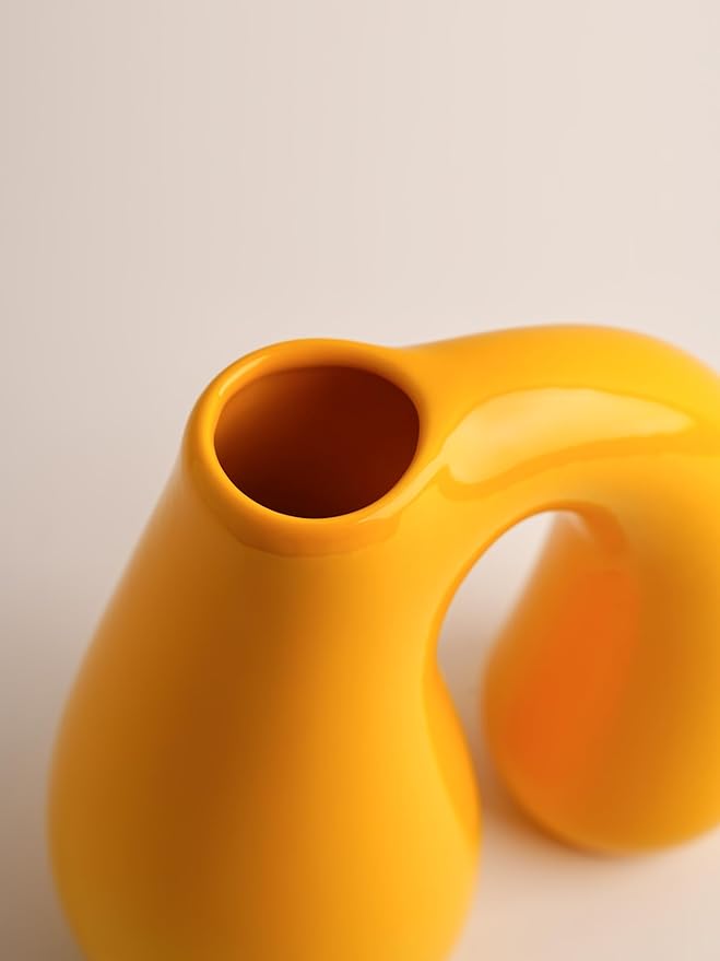 PROBENEX Yellow Ceramic Decorative Pitcher Vase, 7.5 in – Glossy Sculptural Arch-Handle, Modern Home Décor Accent for Fresh or Dried Floral Arrangements, Table/Shelf/Entryway, Giftable