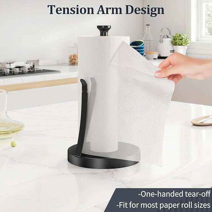 Jesginboo Countertop Paper Towel Holder for Kitchen, Stainless Steel Tension Arm for One-Handed Tear, Stainless Steel Paper Towel Holder Stand for Kitchen Bathroom, Black