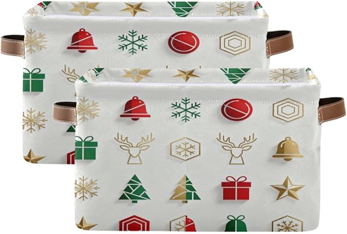 Christmas Storage Basket, Collapsible Fabric Container with Holiday Pattern, 14.2x10.2x8.3 Inches, Leather Handles, Multi-Purpose Home Organization