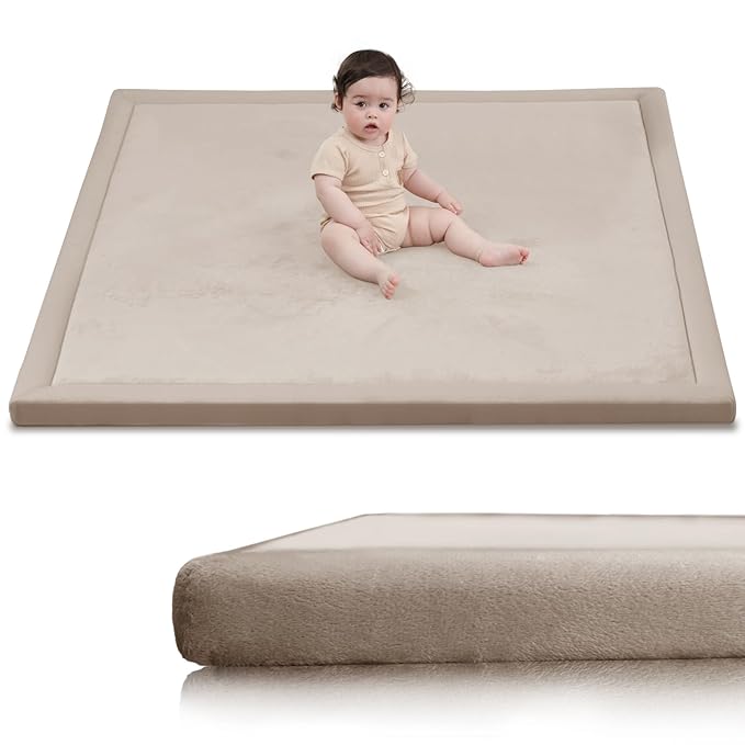 Huloo Sleep Ultra Soft Baby Play Mat for Floor,1.3" Thick Elasti-Foam 47x47 Play Mat for Playpen,Water-Repellent Coral Velvet for Tummy Time, Non-Slip Backing Safe for Toddlers & Infants（Beige）