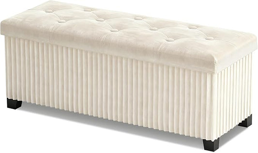 LITZFUR Storage Ottoman Bench, 43 Inch Foldable Ottoman with Legs, Velvet Foot Rest Stool, End of Bed Bench, Storage Chest for Living Room, Bedroom (Beige)