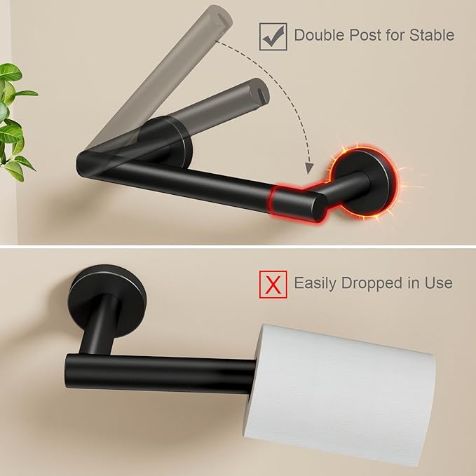POKIM Matte Black Toilet Paper Holder, Stainless Steel Double Post Pivoting Wall Mount Holder, Fits Mega Large/Jumbo Rolls, Commercial Bathroom Tissue Dispenser for Home & Commercial Use