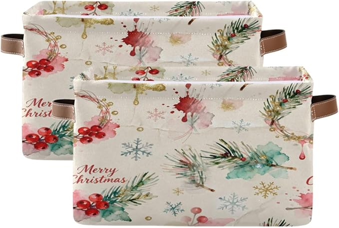 Christmas Storage Bins, Collapsible Canvas Organizer Baskets with Handles, 14.2x10.2x8.3 Inches, Holiday Pattern, Water-Resistant, for Home Bedroom Closet
