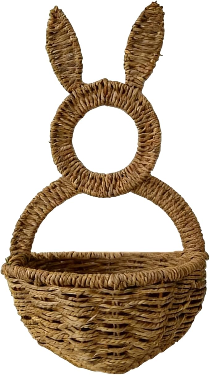 Easter Bunny Wall Basket, 15.8x7.9x3.9 Inch Natural Wicker Woven Rattan Porch Wall Pocket With Rabbit Ears, Decorative Storage Basket, Farmhouse Spring Home Decor