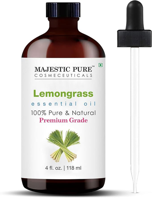 Majestic Pure Essential Oil with Glass Dropper - 100% Pure and Natural - Essential Oils for Diffuser, Aromatherapy, Soap and Candle Making, Lemongrass Essential Oil, Lemongrass Oil, 4 Fl Oz