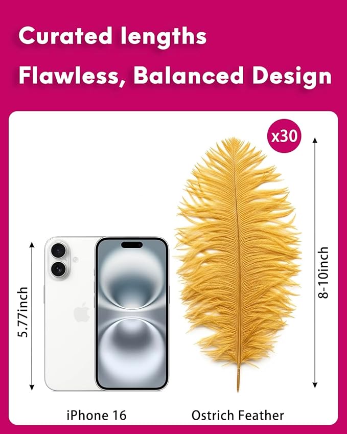 30pcs Gold Ostrich Feathers Natural Bulk 8-10inch(20-25cm) Vase Craft Wedding Home Party Centerpieces Christmas Day Decoration