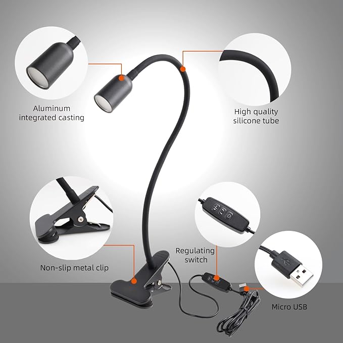 DAMI LED Reading Light for Bed Headboard – Dimmable Clip-On Book Light with Flexible Gooseneck, Adjustable Color Temperature (3000/4000/6000K), USB-Powered Desk Lamp for Dorms and Home