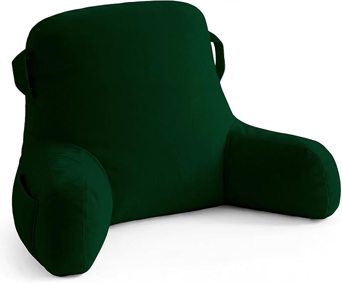 Unisakey Portable Comfy Reading Pillows for Bed Sitting Up(Dark Green Oeko-Tex), Velvet Back Pillow with Arms & Pockets for Adults, Support Memory Foam Bed Pillow for Dorm/Reading/Watching/Gaming
