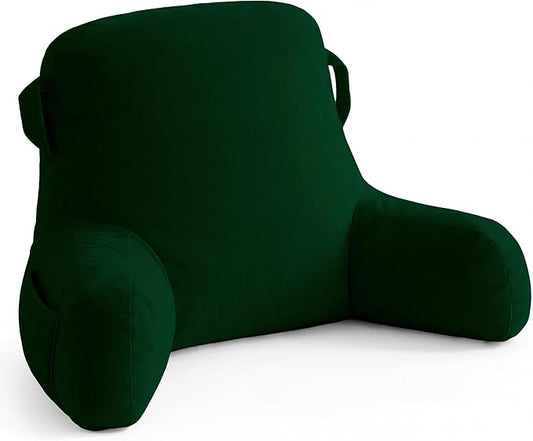Unisakey Portable Comfy Reading Pillows for Bed Sitting Up(Dark Green Oeko-Tex), Velvet Back Pillow with Arms & Pockets for Adults, Support Memory Foam Bed Pillow for Dorm/Reading/Watching/Gaming