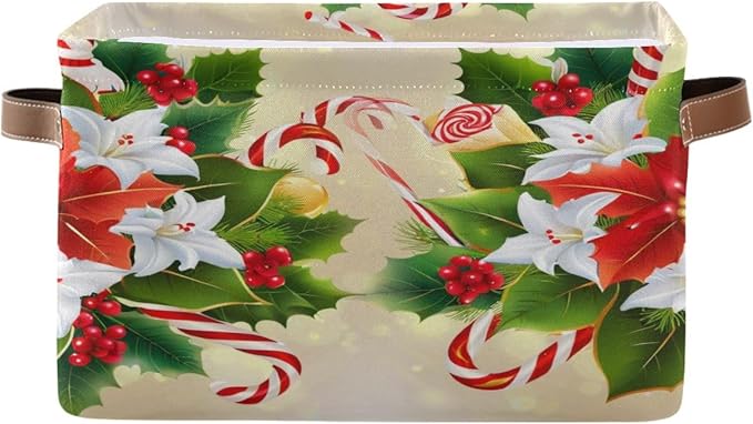 Christmas Storage Basket, Collapsible Canvas Organizer, 14.2x10.2x8.3 Inches, Water Resistant, Festive Holiday Design with Steel Frame, Rectangular Storage Box for Bedroom Organization