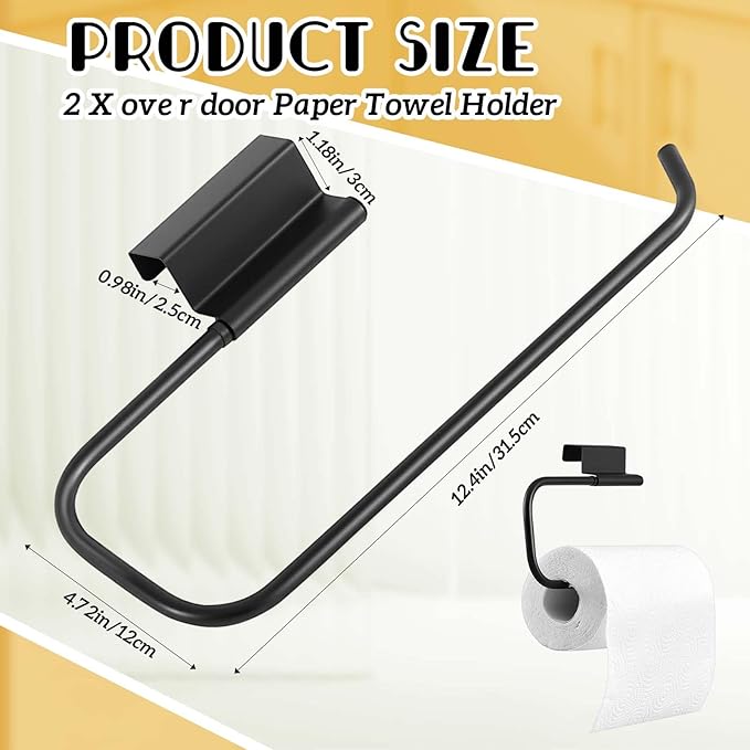 Yaocom 12.4 Inches Cabinet Door Paper Towel Holder Camper Under Sink No Drilling Paper Towel Storage and Dispenser for RV Kitchen Bathroom Laundry Room, Stainless Steel(Black,2 Pcs)