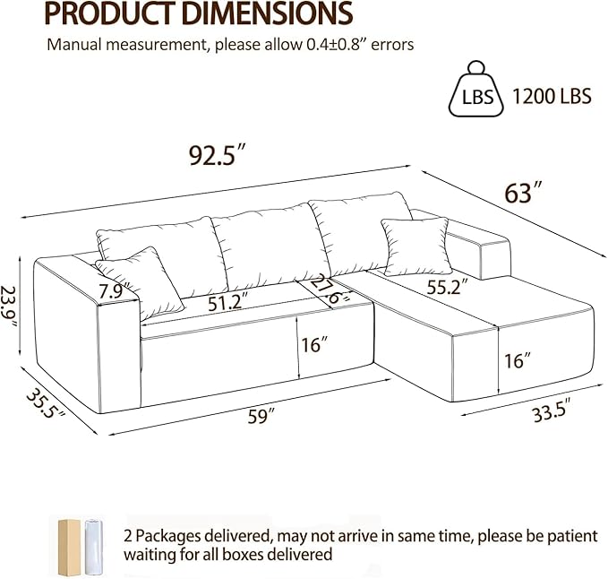 Modular Sectional Sofa, Boneless Compressed Sofa in a Box, L-Shaped Cloud Couch with Deep Seats & Chaise for Living Room, No Assembly Required (Drak Gray, 92.5" L-Shape with Left Facing Chiase) | Boneless Compressed, Sofa in a Box, Cloud Couch, Deep Se...