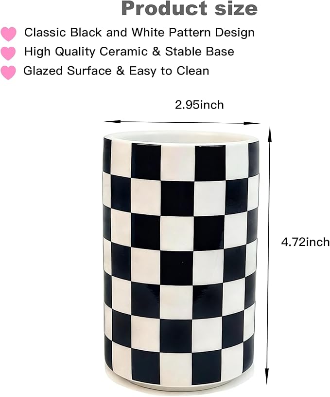 Tooth brush Holder for Bathroom, Black and White Ceramic Toothbrush Holders for Bathrooms, Modern Cute Toothbrushes and Toothpaste Caddy for Bath Countertop Storage Organizer, Checkered Bathroom Decor