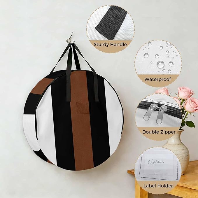 Storage Bag Brown Black White Round Storage Totes Bins Closet Organizers with Zippers & Handle Boho Style Clothes Storage Container for Bedroom Dorm Space Saving Packing Supplies Moving Bags