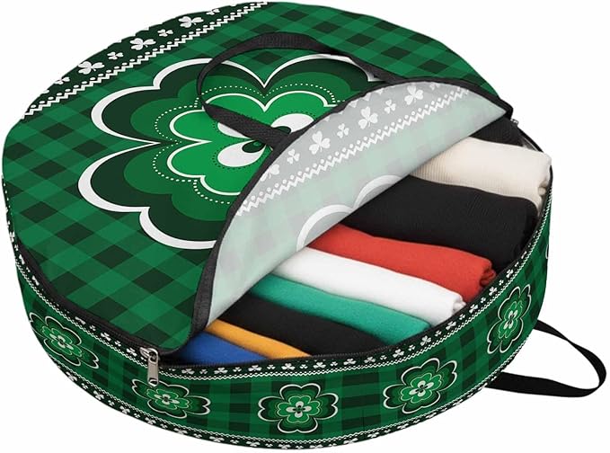 St Patricks Round Storage Bag 24 Inch, Day Vintage Shamrock Texture Green Plaid Clothes Storage Container with Handles Heavy Duty Organizer for Comforter, Bedding & Holiday Wreaths