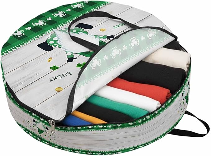 24 Inch Round Storage Bag 1 Pack,St. Patrick Irish Gnomes Wood Board Coin Waterproof Wreath Storage Container with Handles&Zipper Buffalo Tartan Closet Organizer Bags Garland Box