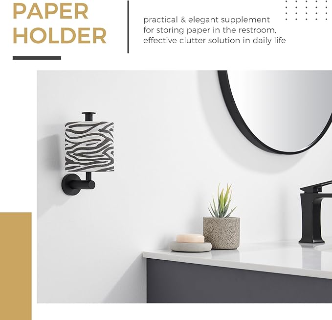Vertical Tray Toilet Paper Holder, Aomasi 304 Stainless Steel Tissue Roll Hanger with Round Plate, Matte Black Bathroom Kitchen Paper Roll Dispenser Wall Mounted