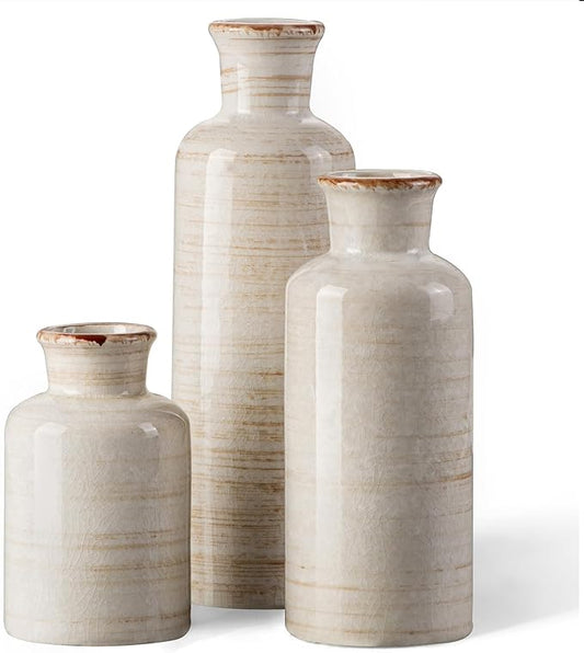 CwlwGO- Ceramic Rustic Vase 3 Piece Set,Small vase for Country Home Decoration,Modern Farmhouse Decor, Living Room Table Decoration, Bookcase, Fireplace and Entrance Decorations.(White)