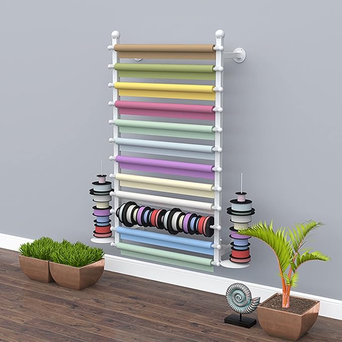 Ribbon Display Storage Organizer Wire Spool Rack Wrapping Paper Shelf Wall Mounted,Detachable Ribbons Tray&Removable Crossbars,White,70X20X120Cm