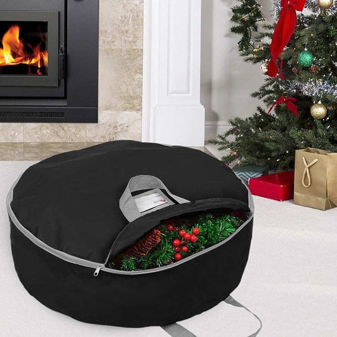 Primode Christmas Wreath Storage Bag 36" - 2 Pack Artificial Wreath Container - Garland Holiday Xmas Wreaths Holder - Sturdy Handles - Inner Straps - Card Slot Zipper Strong Oxford (36 Inch, Black)