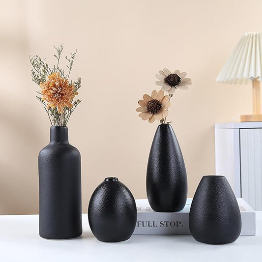 Neutral Black Ceramic Decorative Vase Set, Modern Matte Minimalist Vases for Shelf, Coffee Table, Living Room & Fireplace Mantel Decor (4, Black)