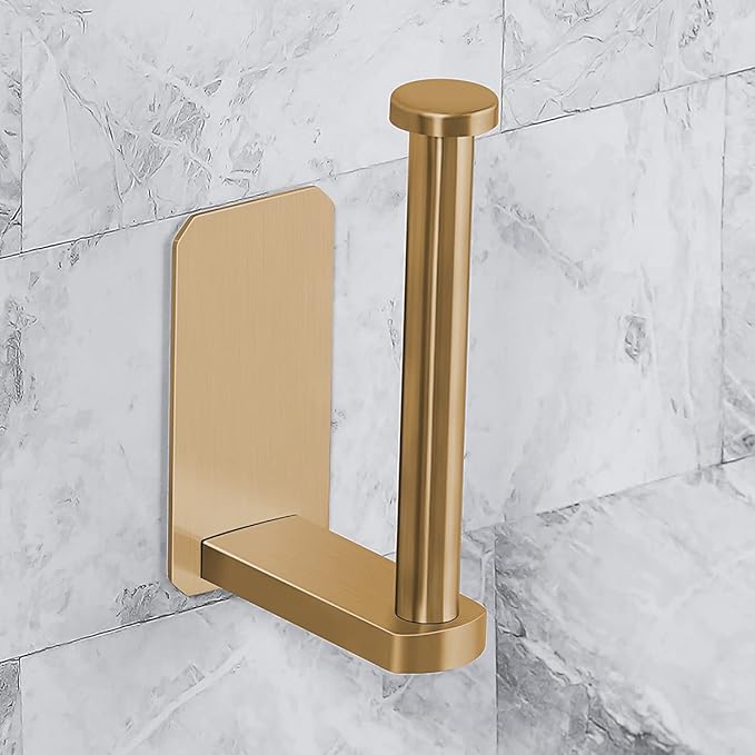 VAEHOLD Toilet Paper Holder Self Adhesive Kitchen Washroom Adhesive Toilet Roll Holder No Drilling for Bathroom Stick on Wall Stainless Steel Brushed (Gold)