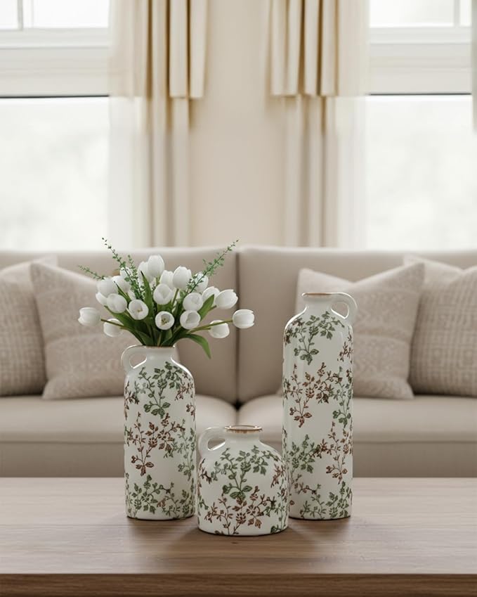 3-Piece Ceramic Jug Vase Set with Handles – Vintage Green Floral Crackle Glaze Decorative Vases for Home, Farmhouse Living Room, Shelf & Table Decor