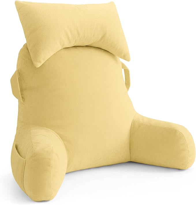 Unisakey Portable Reading Pillows with Headrest for Bed Sitting Up(Yellow Oeko-Tex), Velvet Back Pillow with Arms & Pockets for Adults, Support Memory Foam Bed Pillow for Dorm/Reading/Watching/Gaming