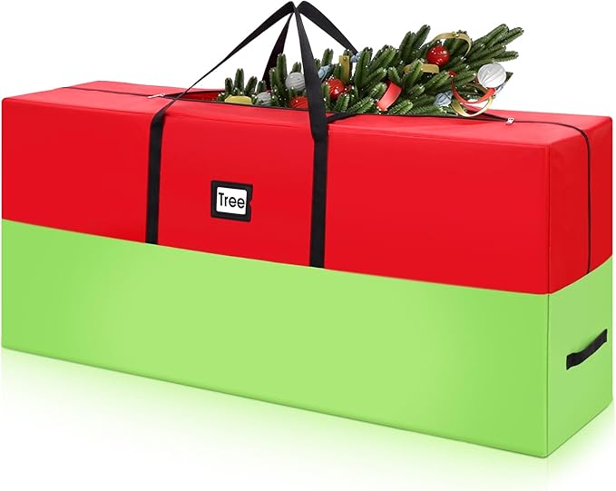 7.5 ft Christmas Tree Storage Bag Heavy Duty 420D Oxford Artificial Christmas Tree Bag with Reinforced Handles Dual Zippers Card Slot Wide Opening Extra Large Storage Container, Green and Red