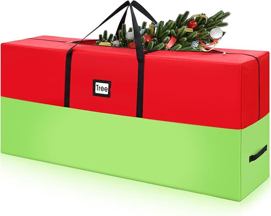 7.5 ft Christmas Tree Storage Bag Heavy Duty 420D Oxford Artificial Christmas Tree Bag with Reinforced Handles Dual Zippers Card Slot Wide Opening Extra Large Storage Container, Green and Red