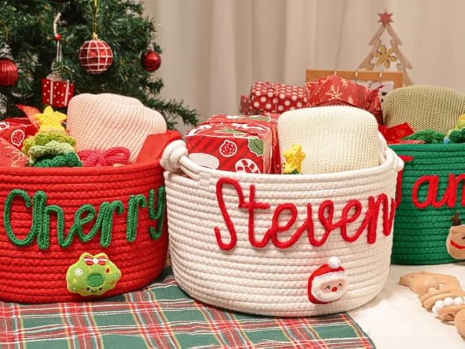Personalized Handmade Kids Christmas Eve Gift Basket Cotton Rope Storage Basket with Name Large Capacity