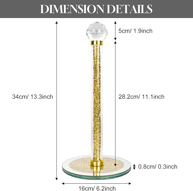 Decorative Paper Towel Holder, Gold Crystal Paper Towel Dispenser, Crushed Diamond Home Decor Toilet Roll Holder Stand with Heavy Base, Freestanding Paper Holder for Kitchen, Bathroom (Round/Gold)