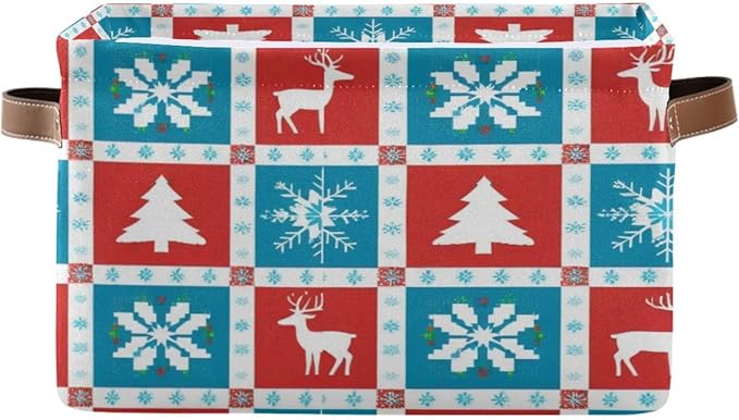 Christmas Storage Basket, Collapsible Canvas Organizer with Snowflake Reindeer Pattern, 14.2x10.2x8.3 Inches, Water Resistant Rectangular Box for Bedroom Storage