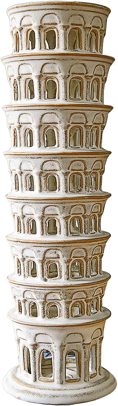 Ceramic Home Decoration 15.1 Inch Tall Leaning Tower for Living Room Bedroom Office Modern Farmhouse Antique Rustic Nordic Ornament Desktop Fireplace Centerpiece Decor