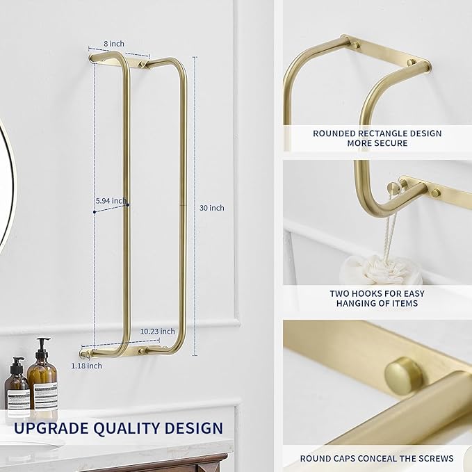 BWE Brushed Gold Towel Racks for Bathroom, Wall Mounted Towel Rack for Rolled Towels, Bathroom Towel Storage, Stainless Steel Vertical Towel Holder, Bathroom Organizer