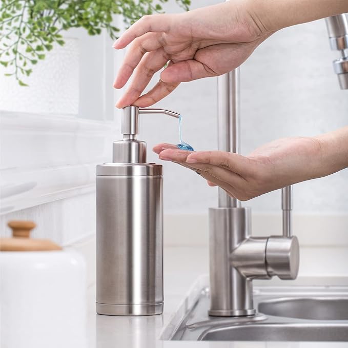 Countertop Hand Soap Dispenser, Refillable Stainless Steel Soap Pump Bottle for Bathroom & Kitchen, Free Standing - 300ml, Brushed Nickel