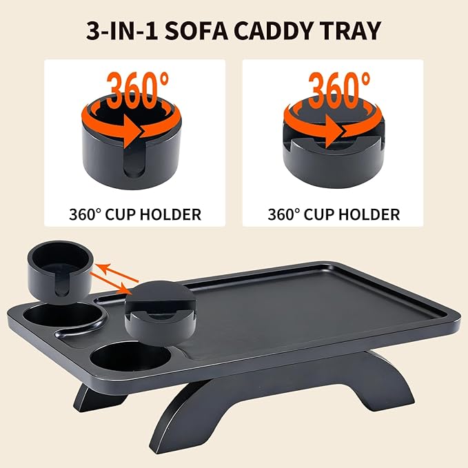 DUMOS Couch Arm Tray, 3 in 1 Clip on Sofa Arm Tray with 360° Rotating Phone Holder, Foldable Couch Armrest Table for Drinks & Snacks, Deep Black