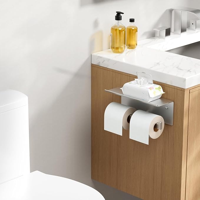 FORIOUS Toilet Paper Holder with Shelf, 304 Stainless Steel Wall Mount Commercial Toilet Paper Dispenser, Double Tissue Roll Holder for Bathroom, 2 Pack Brushed Nickel