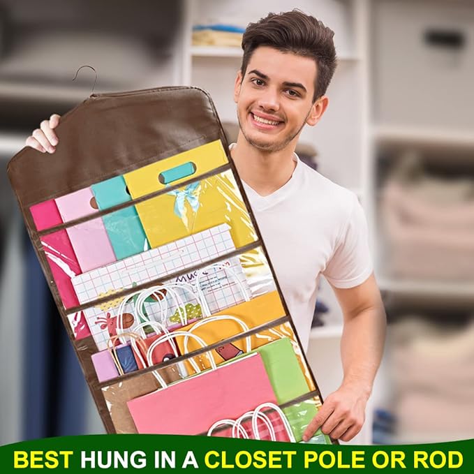 ProPik Hanging Double Sided Gift Bag Storage Organizer with Multiple Front and Back Pockets - Organize Your Gift Wrap, Tissue Paper, and Paper Bags 38 x 16 Inch PVC (Brown)