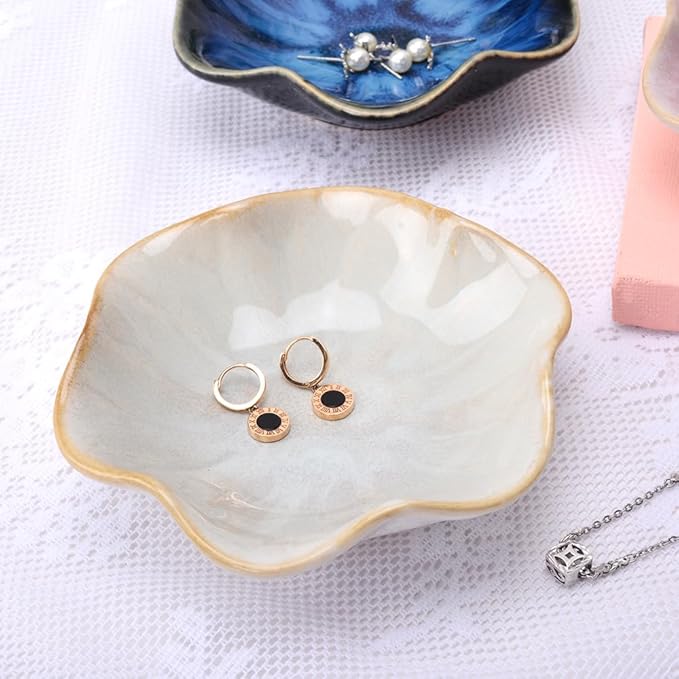 Ceramic Jewelry Dish, Lotus Leaf Decor Ring Tray, Small Key Bowl, Trinket Holder, Catch All Tray for Necklace Earrings, Nightstand Decor for entryway Table Home for Women Mom Friend Sister (Whtie)