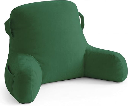 Unisakey Portable Comfy Reading Pillows for Bed Sitting Up(Green Oeko-Tex), Velvet Back Pillow with Arms & Pockets for Adults, Support Memory Foam Bed Pillow for Dorm/Reading/Watching/Gaming