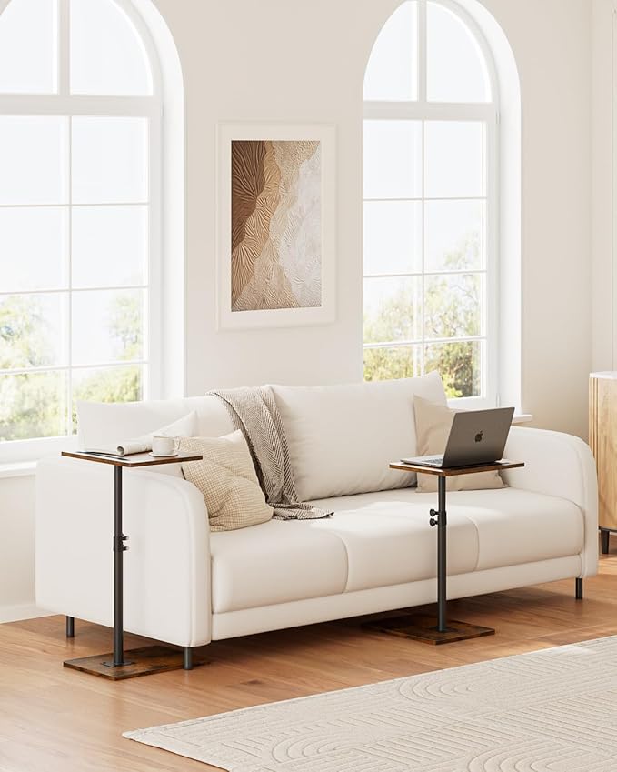 Masupu Sofa Arm Tray Table - 360° Swivel Height Adjustable End Table, Small Snack Side Table for Couch, C Shaped Table for Bed, Chair or TV Tray Table(Rustic Brown)