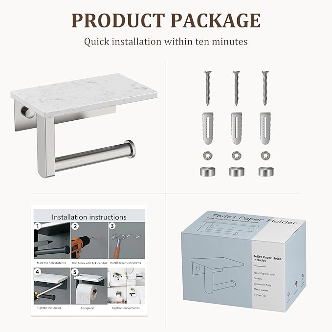 BWE Brushed Nickel Toilet Paper Holder with Marble Shelf, Toilet Paper Roll Holder Wall Mounted, Toilet Paper Roll Holder with Phone Shelf 304 Stainless Steel Tissue Holder for Bathroom Washroom