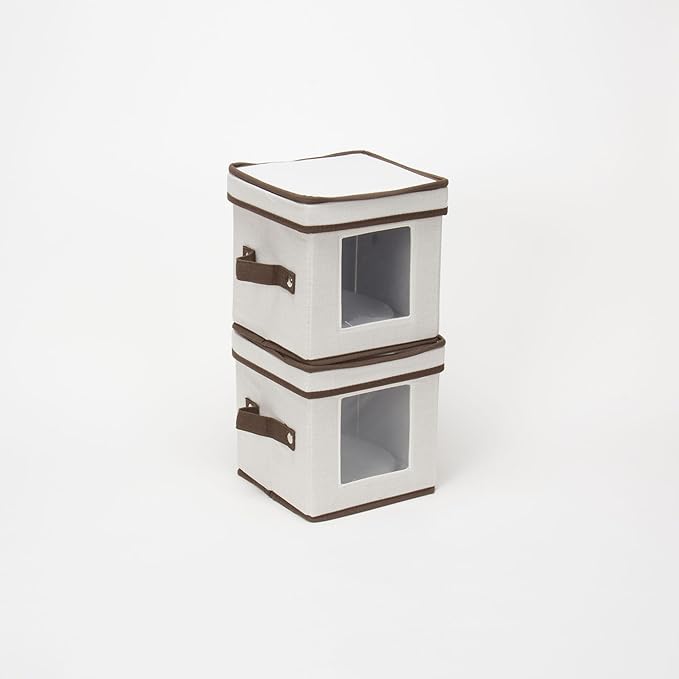 Household Essentials Saucer Storage Box, Holds 12 Saucers with Felt Protectors, Windowed Panel, 2 Riveted Handles, Foldable and Stackable Box