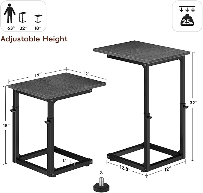 Vagusicc C-Shaped End Table for Couch, 33"Tall Side Table for Sofa, C Table End Table Adjustable Height Couch Table,TV Tray Table BesideTable Slide Under Sofa Table for Living Room,Bedroom,Gray Walnut