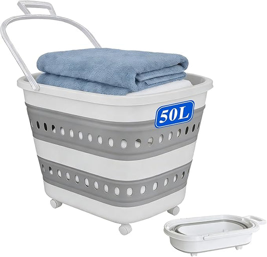 50L Collapsible Plastic Laundry Basket Hamper with Wheels, Foldable Laundry Basket with Handles, Pop Up Storage Container Organizer for Washing Storage