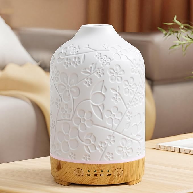 Essential Oil Diffuser Ceramic Diffuser -Aromatherapy Diffuser for Essential Oils with Timer and 7 Colors LED Light Ultrasonic Diffuser with Auto Shut-Off, Home Office Decor&Gift (Blossom-150ml)