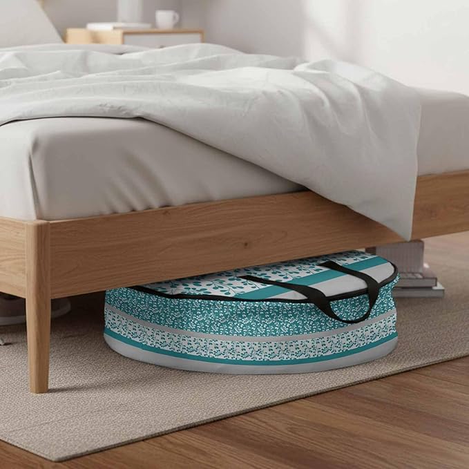 Storage Bag Turquoise Grey Leaves Round Storage Totes Bins Closet Organizers with Zippers & Handle Stitching Stripes Clothes Storage Container for Bedroom Dorm Space Saving Packing Supplies Bags