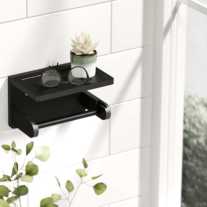 VERTORGAN 2 Pack Toilet Paper Holder with Phone Shelf,Bamboo Wall Mounted Tissue Roll Holder for Bathroom(Black)