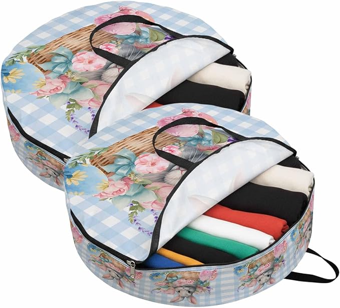36 Inch Round Storage Bag 2 Pack,Easter Day Natural Floral Rabbit Eggs Waterproof Wreath Storage Container with Handles&Zipper Blue Colorful Check Closet Organizer Bags Garland Box